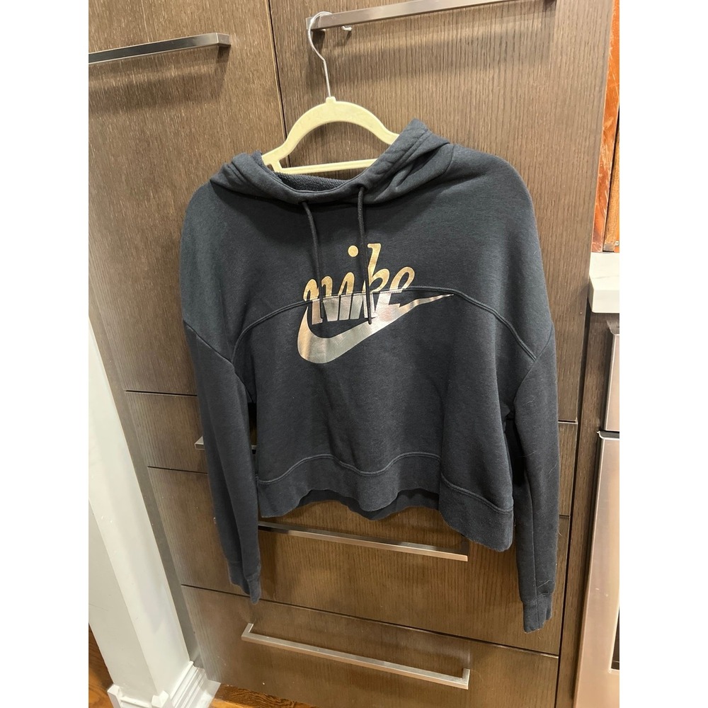 Nike Cropped Sweatshirt Black Gold Silver Swoosh Athleisure Hoodie Womens small